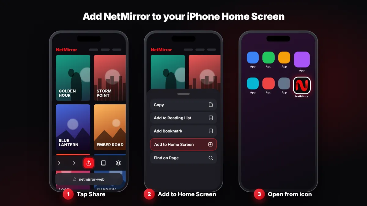 Adding NetMirror to iPhone Home Screen using Share and Add to Home Screen