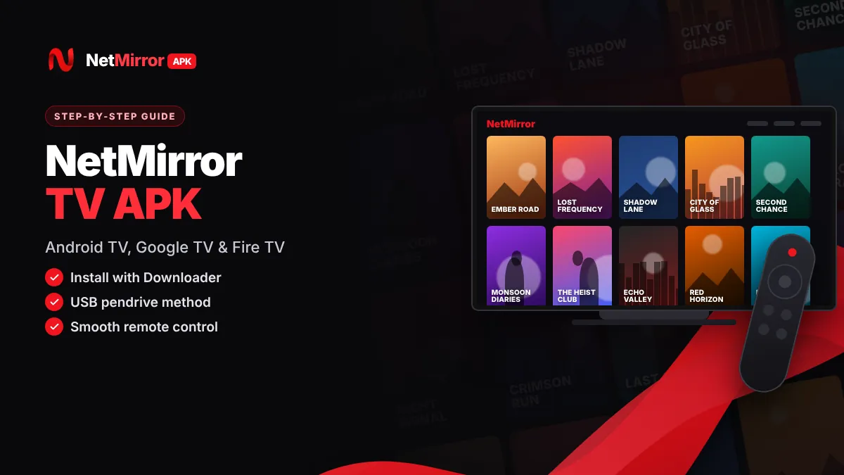 NetMirror TV APK home screen on a smart TV with a remote control