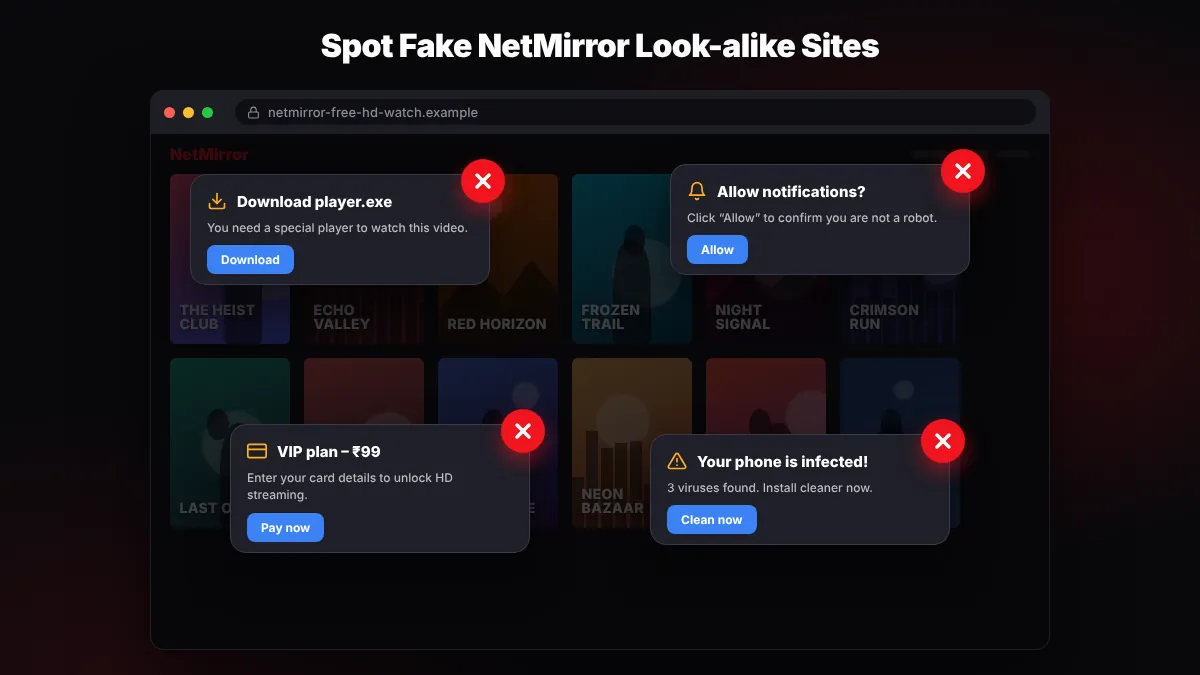 How to spot fake NetMirror look-alike websites: redirects, fake download pop-ups and payment requests